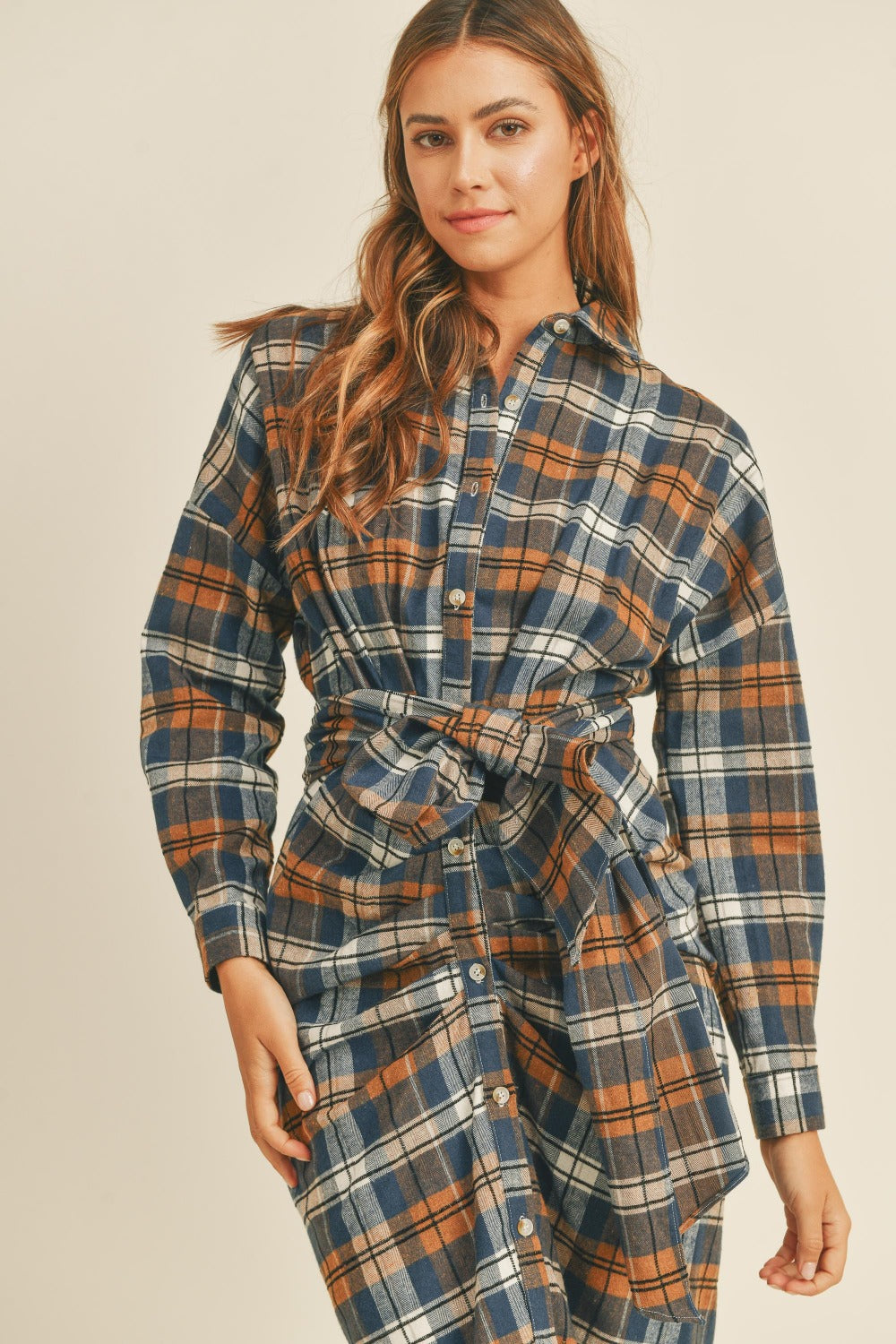 Women's Winter Vibes Mable Plaid Flannel Front Tie Button Down Shirt Dress