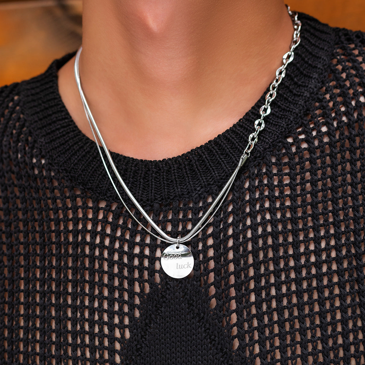 Men's Jewelry Trendy simple double-layer stacked wear with round design versatile pendant necklace