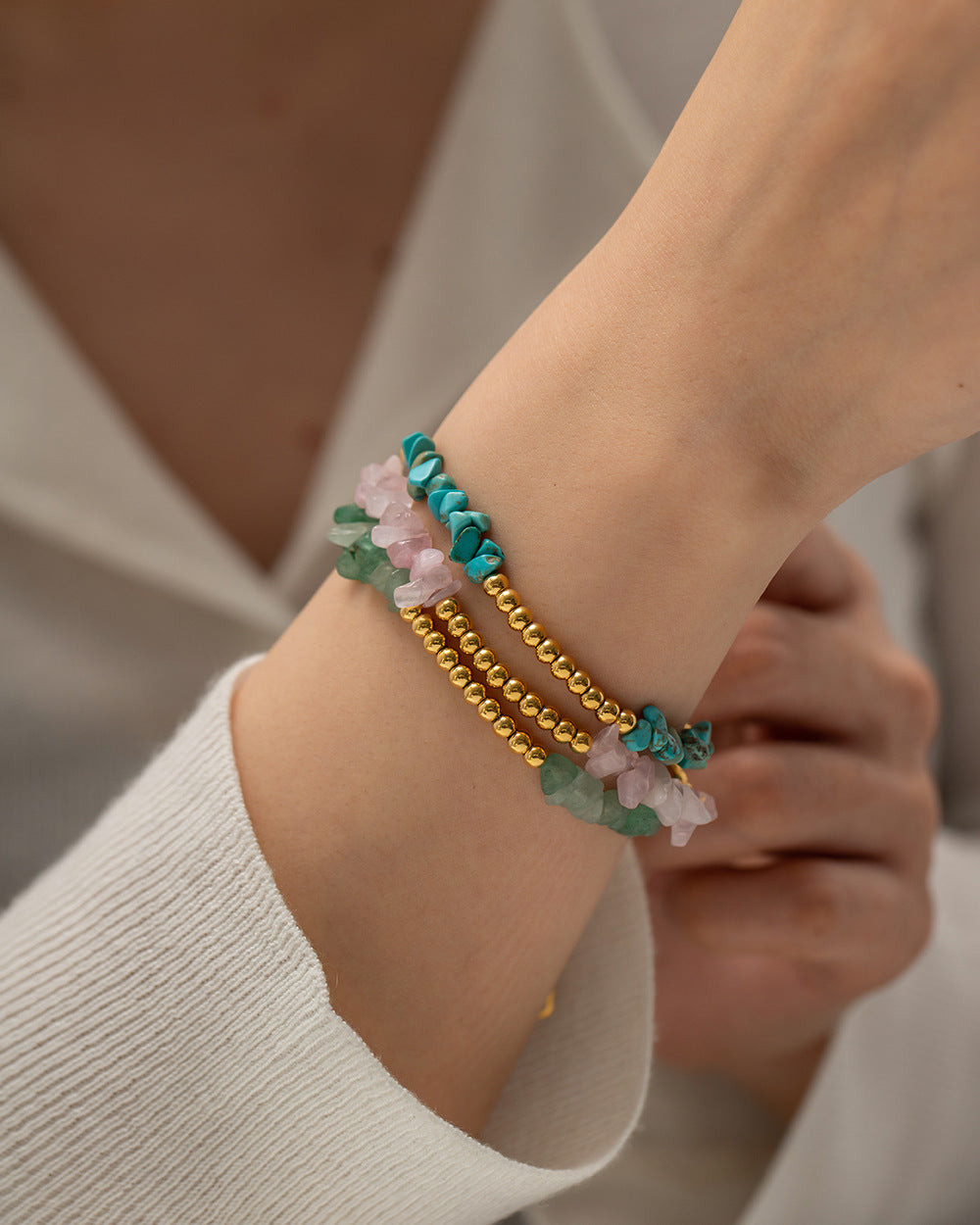 ZZZ Jewelry AquaMarine, Rose Quartz, Turqoise Gem Stone Bracelets (18K Gold)