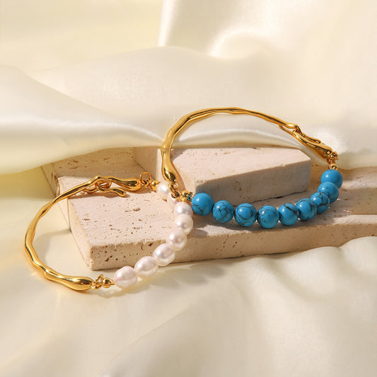 ZODIAC CAPRICORN Turquoise & Natural Pearl/Blue Light Luxury Vintage 18K Gold Inlaid Bracelet