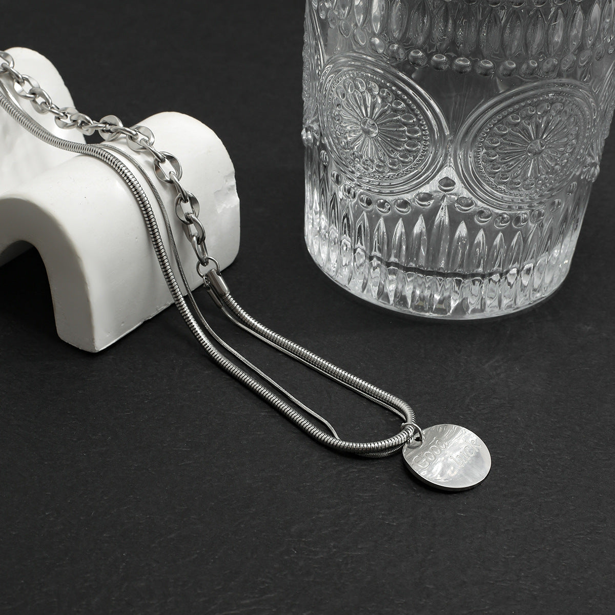 Men's Jewelry Trendy simple double-layer stacked wear with round design versatile pendant necklace