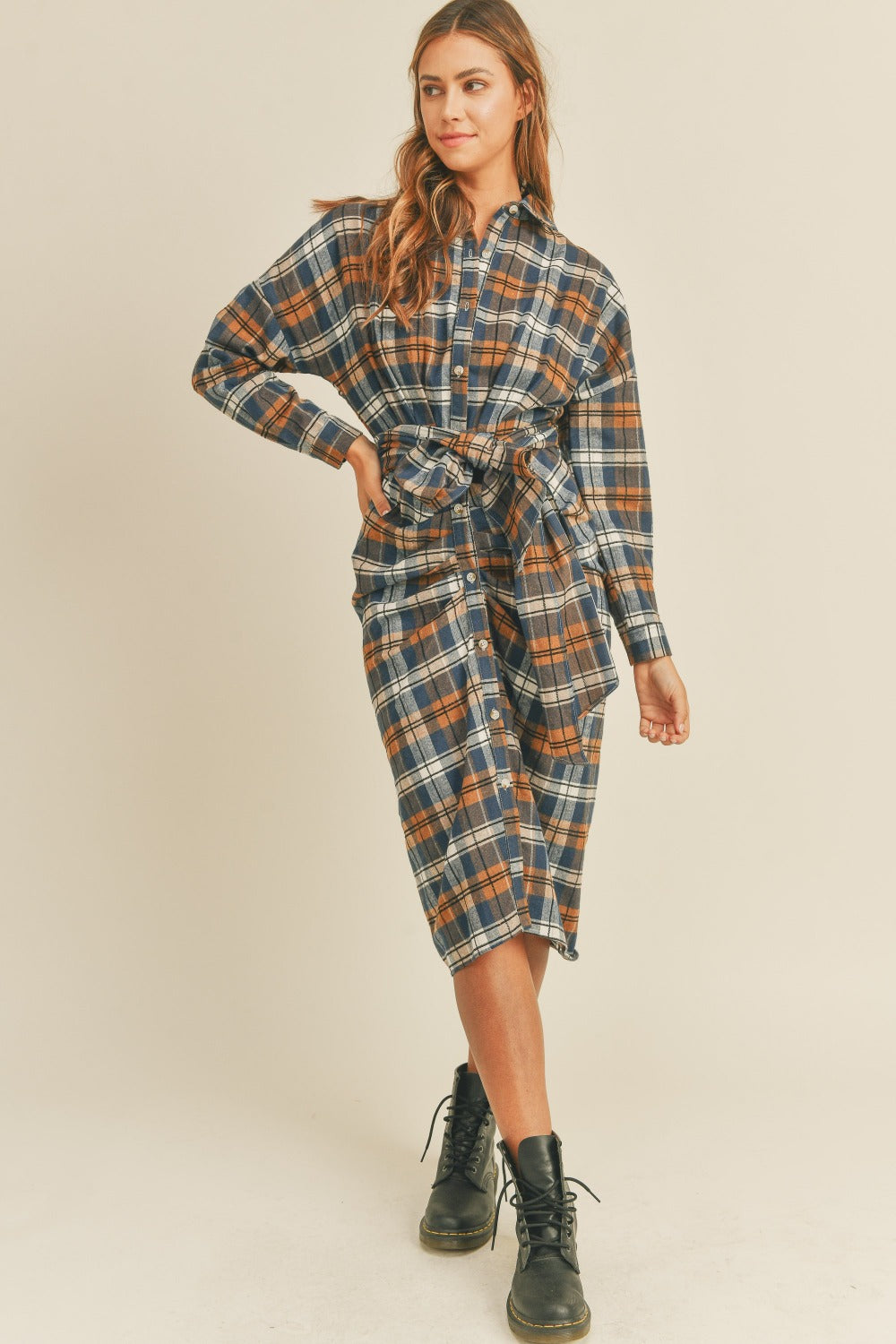 Women's Winter Vibes Mable Plaid Flannel Front Tie Button Down Shirt Dress