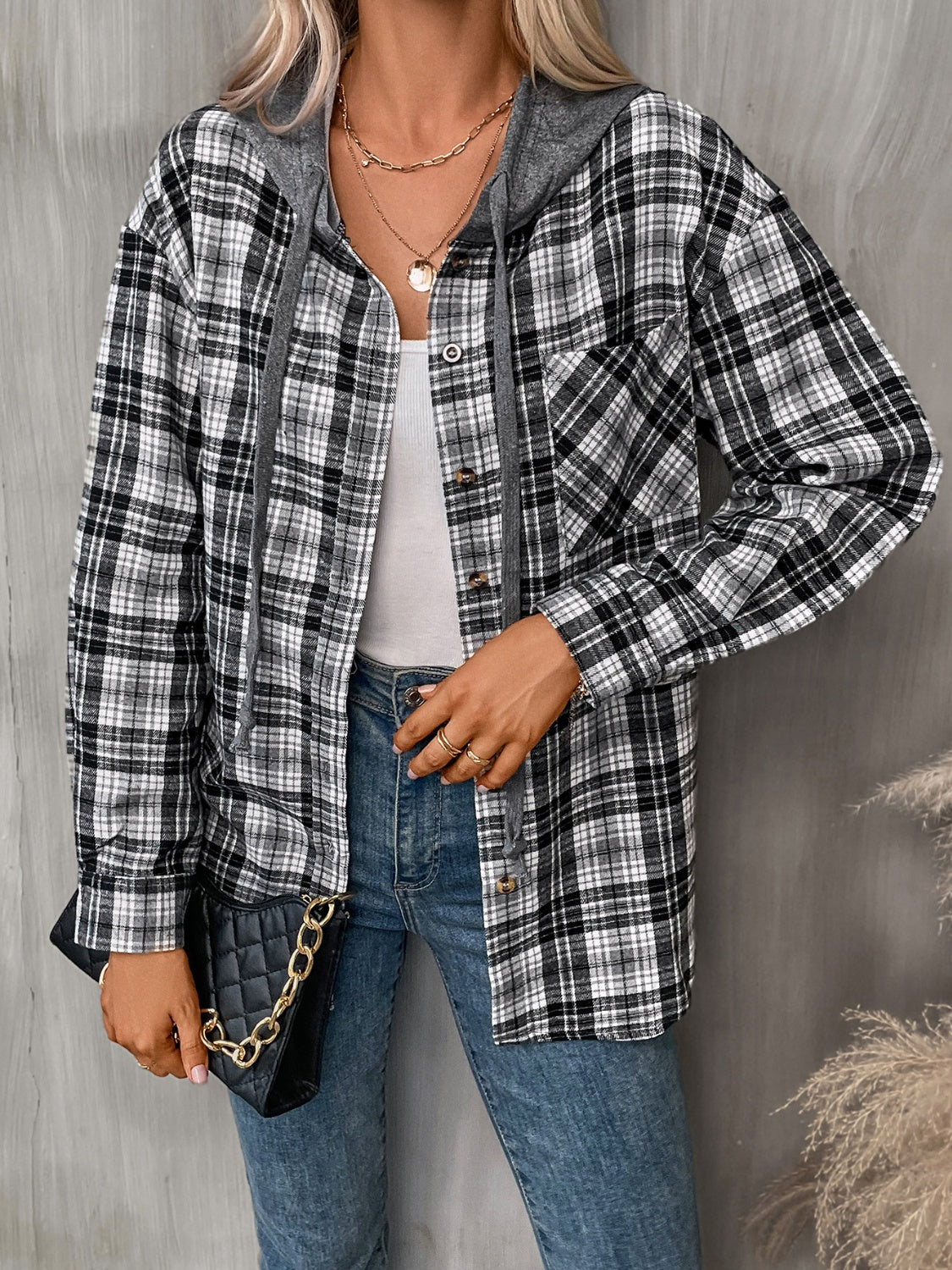 Women's Winter Vibes Plaid Long Sleeve Hooded Jacket