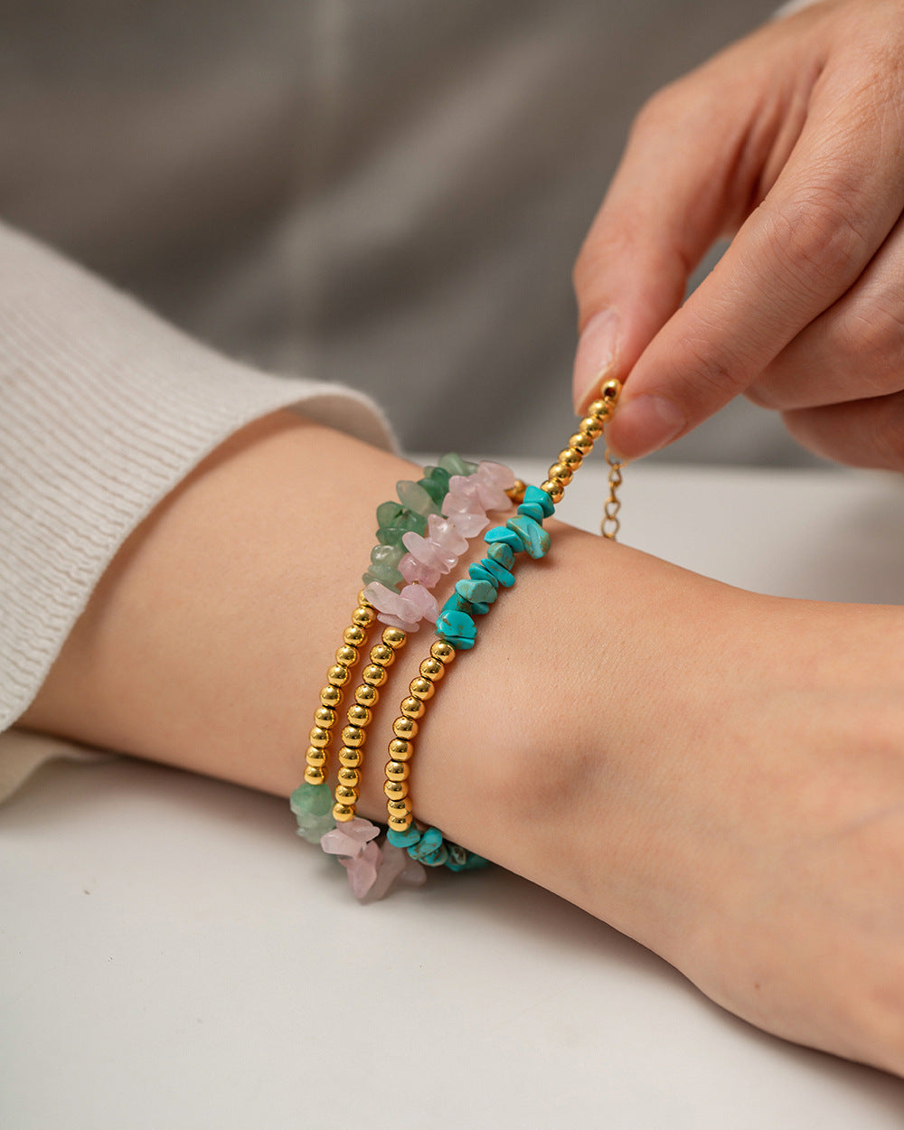 ZZZ Jewelry AquaMarine, Rose Quartz, Turqoise Gem Stone Bracelets (18K Gold)