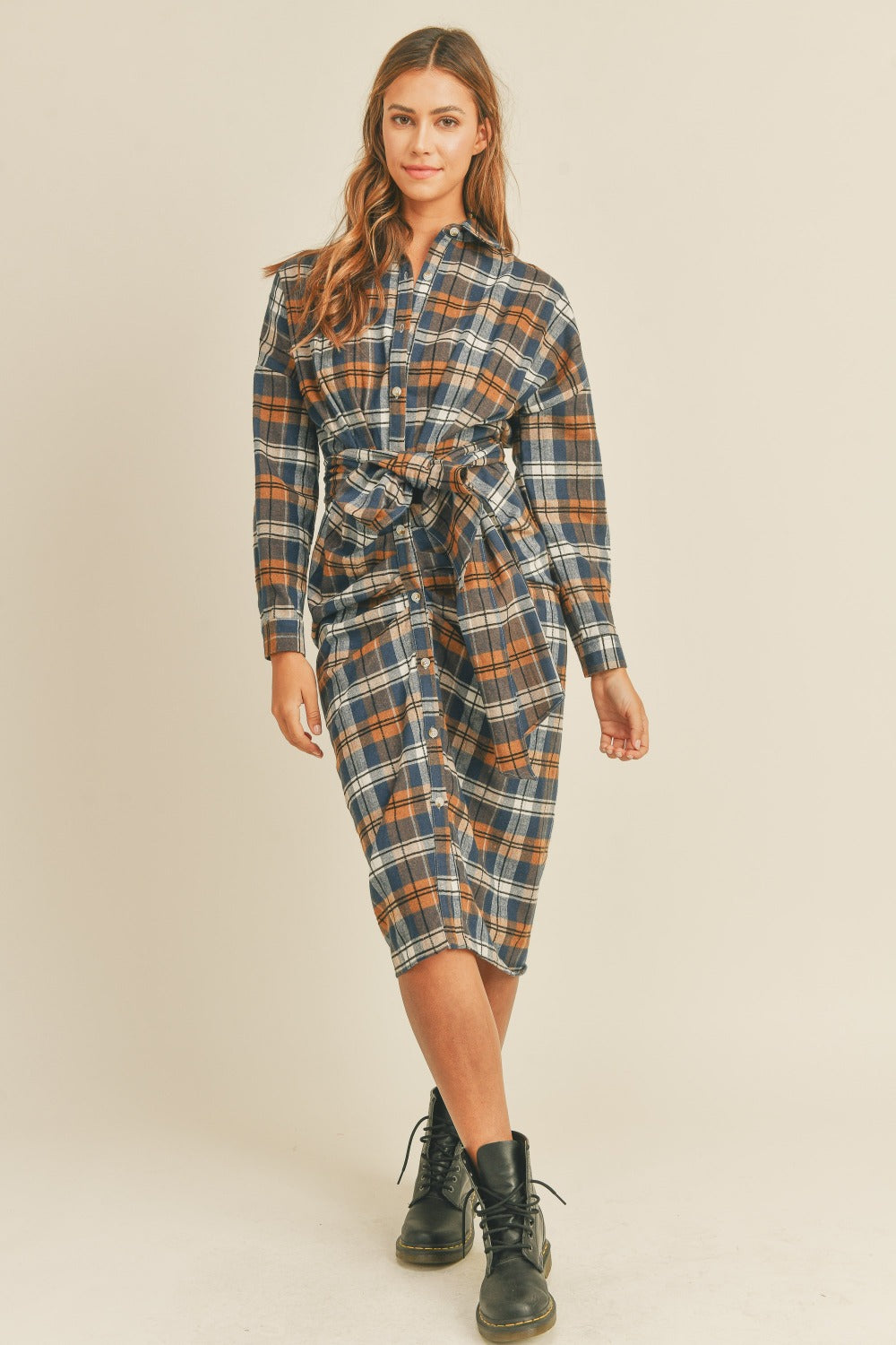 Women's Winter Vibes Mable Plaid Flannel Front Tie Button Down Shirt Dress