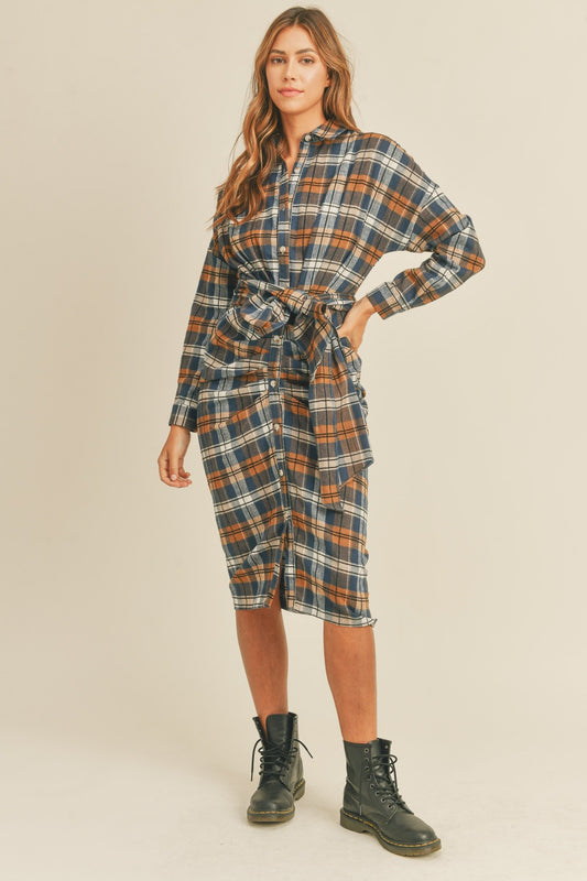 Women's Winter Vibes Mable Plaid Flannel Front Tie Button Down Shirt Dress