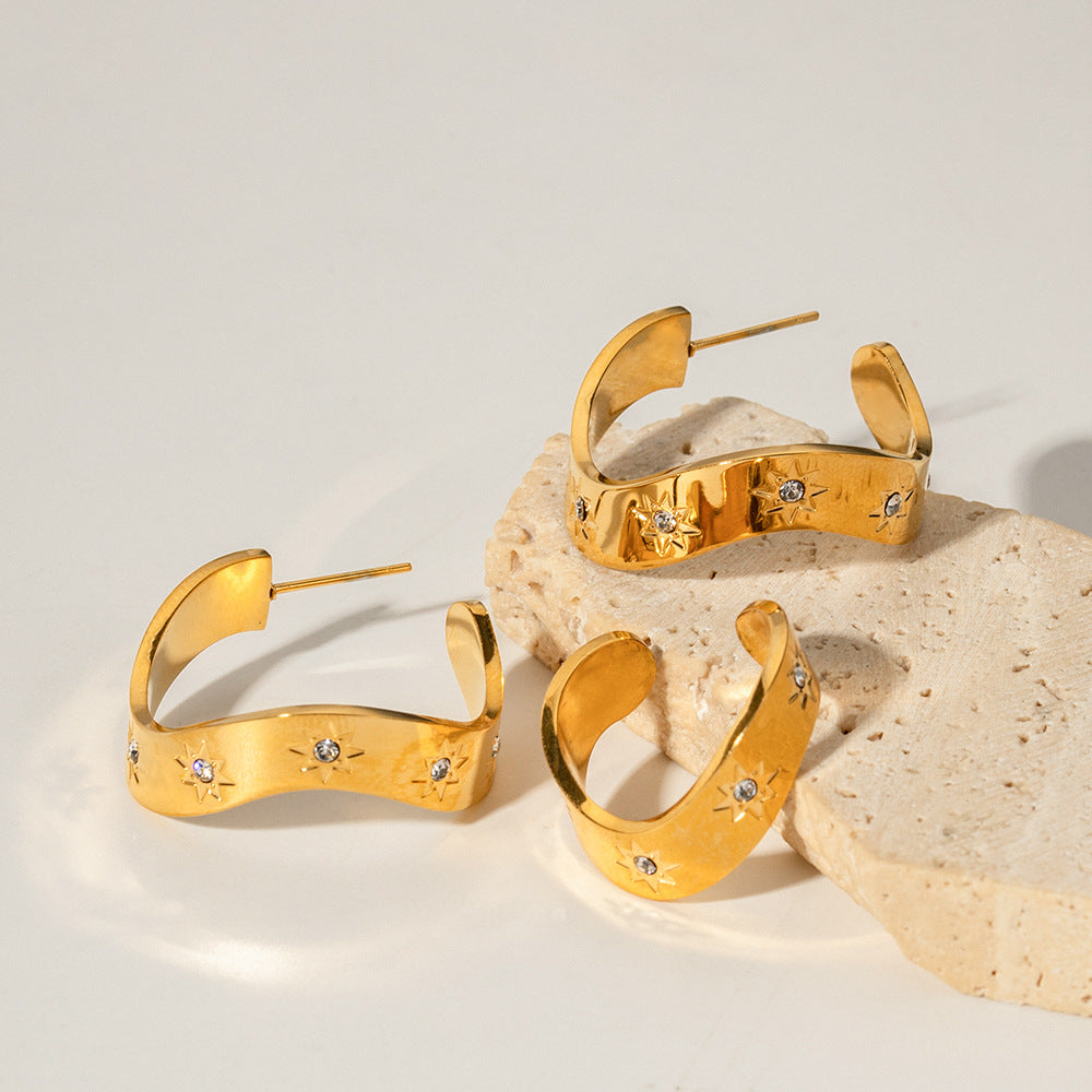 ZZZ Star Pattern Inlaid Zircon Design Versatile Hoop Earrings