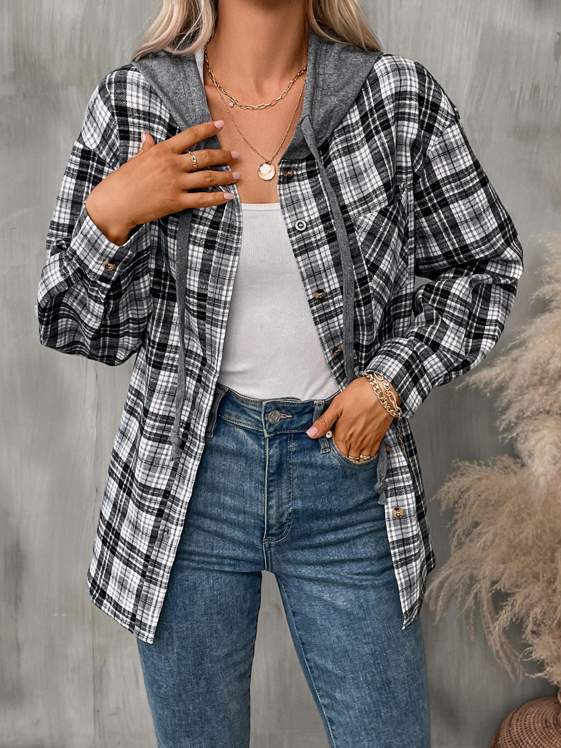 Women's Winter Vibes Plaid Long Sleeve Hooded Jacket