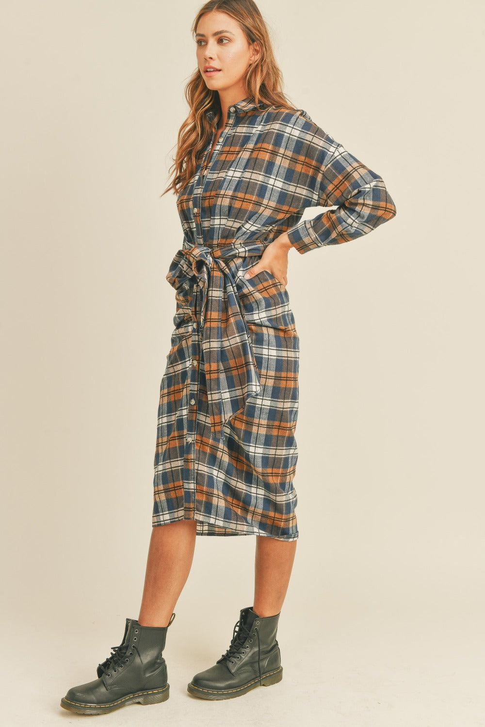 Women's Winter Vibes Mable Plaid Flannel Front Tie Button Down Shirt Dress