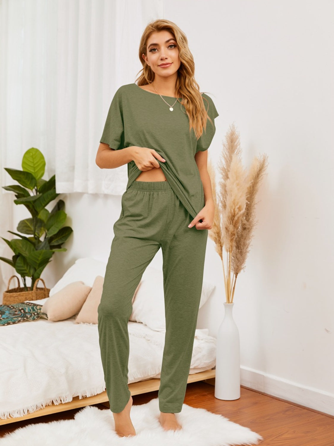 Women's Lounge Pick Boat Neck Top and Pants Set 100% COTTON Set