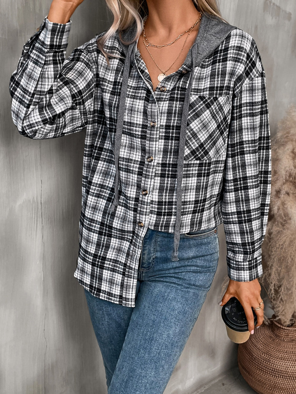 Women's Winter Vibes Plaid Long Sleeve Hooded Jacket