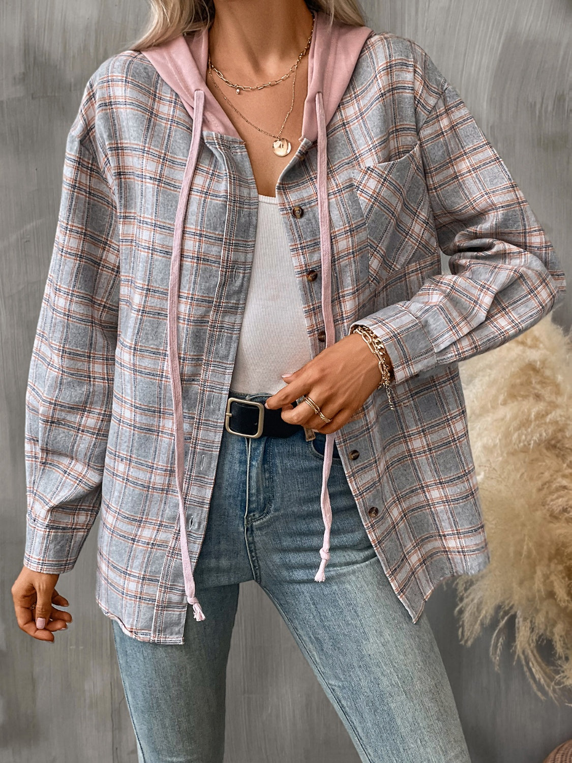 Women's Winter Vibes Plaid Long Sleeve Hooded Jacket